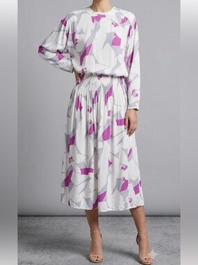 Vintage Tom D'Auria Abstract Smocked Rayon Midi Dress sz M